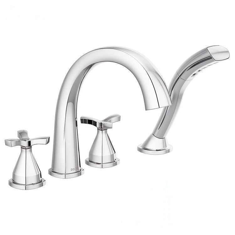 Roman Tub Trim Stryke Floor Mount with Handshower 2 Helo Lumicoat Chrome WaterSense ADA 8 to 16 Inch Spread 4 Hole for Rough-In R4707 - Image 1