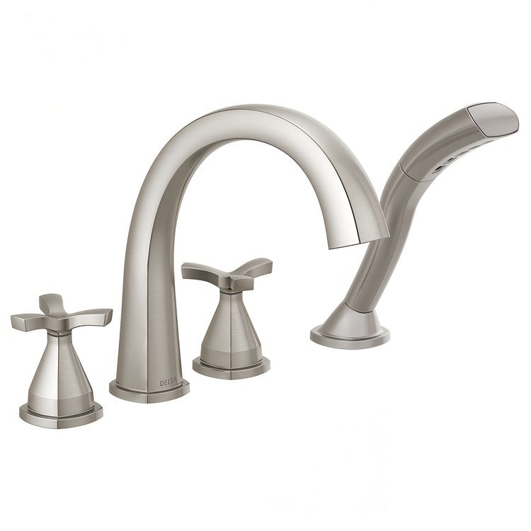 Roman Tub Trim Stryke Floor Mount with Handshower 2 Helo Lumicoat Stainless WaterSense ADA 8 to 16 Inch Spread 4 Hole for Rough-In R4707 - Image 1
