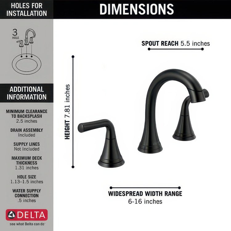 Lavatory Faucet Kayra Widespread 6 to 16 Inch Spread 2 Lever ADA WaterSense Matte Black 1.2 Gallons per Minute Deck Arc Metal Pop-Up 3 Hole - Image 2