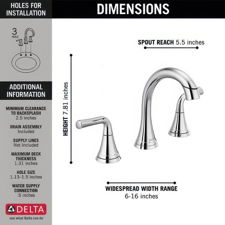 Lavatory Faucet Kayra Widespread 6 to 16 Inch Spread 2 Lever ADA WaterSense Chrome 1.2 Gallons per Minute Deck Arc Metal Pop-Up 3 Hole - Image 2