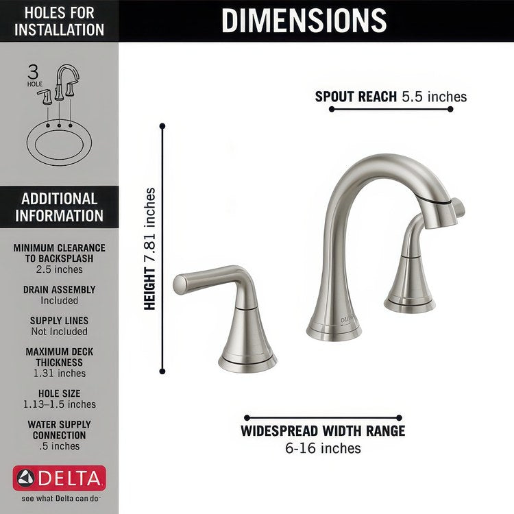 Lavatory Faucet Kayra Widespread 6 to 16 Inch Spread 2 Lever ADA WaterSense Brilliance Stainless 1.2 Gallons per Minute Deck Arc Metal Pop-Up 3 Hole - Image 2