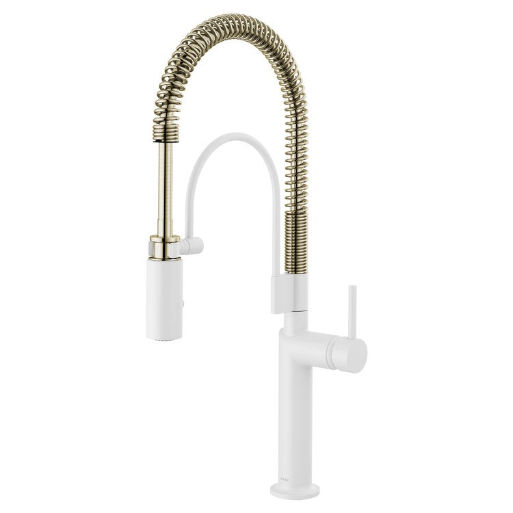 Kitchen Faucet Jason Wu Semi Professional Less Handle ADA Matte White/Brilliance Polished Nickel Gooseneck 360 DEG Swivel 1 Hole 1.8 Gallons per Minute
