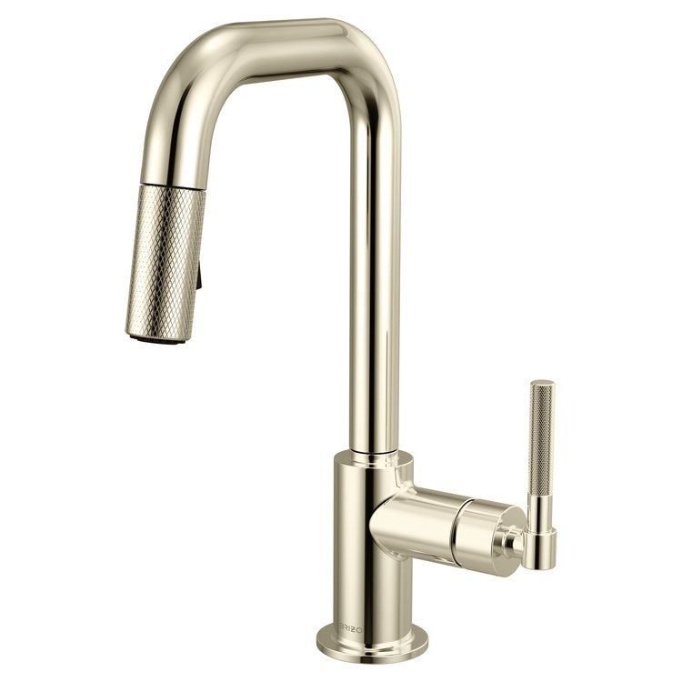 Prep Faucet Litze 1 Knurled Handle ADA Brilliance Polished Nickel Pull Down Dual Function Square 360 DEG Swivel 1.8 Gallons per Minute - Image 1
