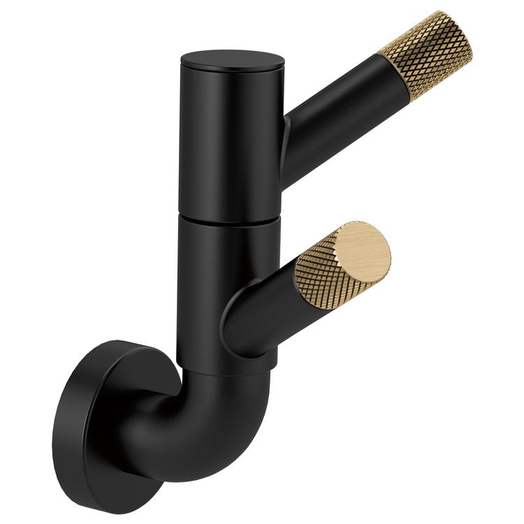 Robe Hook Litze Rotating Double with Knurling Matte Black/Brilliance Luxe Gold Wall Mount Metal - Image 1