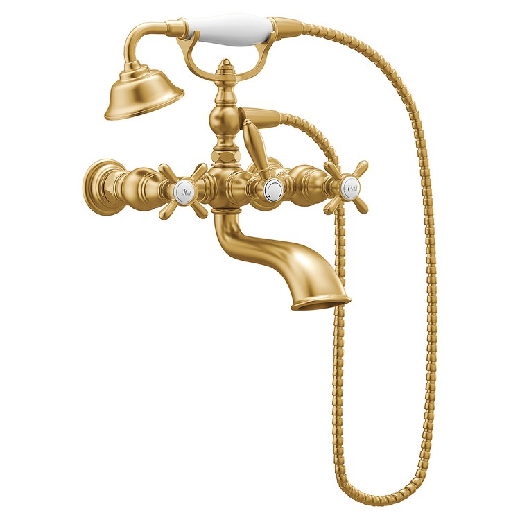 Tub Filler Weymouth with Handshower 8 Inch Spread 2 Lever WaterSense Brushed Gold Wall Mount 10 Gallons per Minute - Image 2