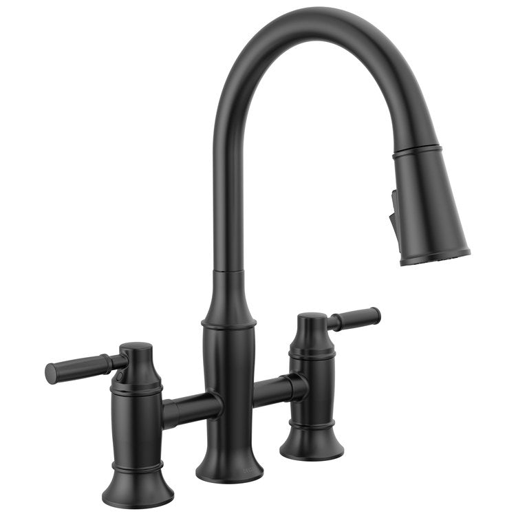 Kitchen Faucet Renaldi Widespread Bridge 8 Inch Spread 2 Lever ADA CALGreen Matte Black Pull Down 3 Function High Arc 360 DEG Swivel 3 Hole Deck MangnaTite Docking/Touch-Clean 1.8 Gallons per Minute
