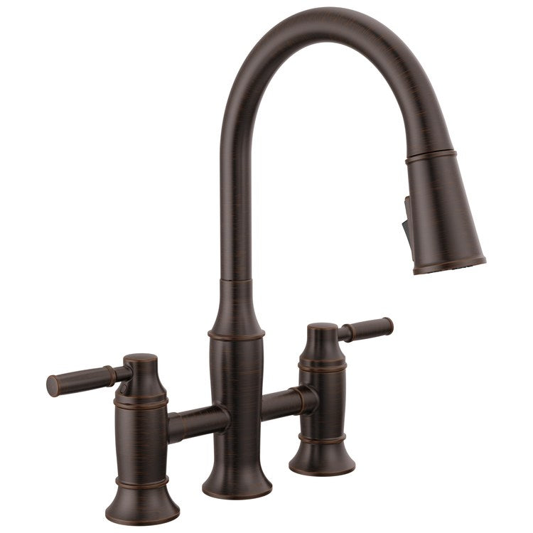 Kitchen Faucet Renaldi Widespread Bridge 8 Inch Spread 2 Lever ADA CALGreen Venetian Bronze Pull Down 3 Function High Arc 360 DEG Swivel 3 Hole Deck MangnaTite Docking/Touch-Clean 1.8 Gallons per Minute - Image 1