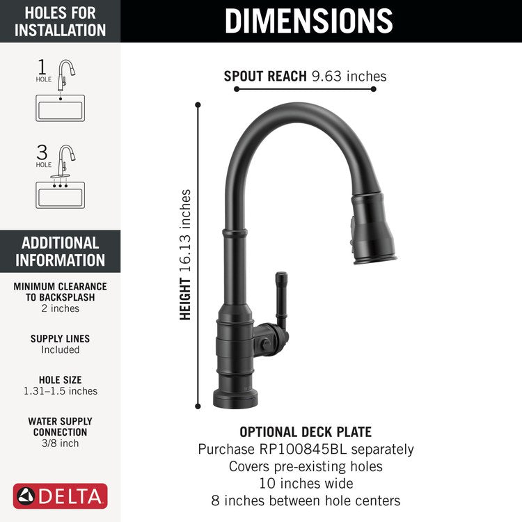 Kitchen Faucet Broderick Touchless 1 Lever ADA Matte Black 3 Function Pull Down Gooseneck 360 DEG Swivel 1/3 Hole Deck MagnaTite/VoiceIQ/TempSense/ShieldSpray 1.8 Gallons per Minute - Image 2