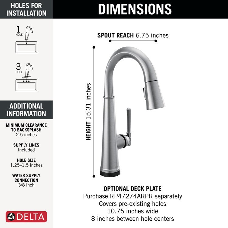 Bar Faucet Emmeline Touch2O Touchless 1 Lever ADA Lumicoat Arctic Stainless MagnaTite/VoiceIQ/TempSense Pull Down 3 Function High Arc 360 DEG Swivel 1.8 Gallons per Minute - Image 2