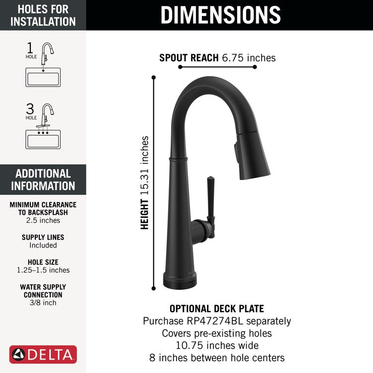 Bar Faucet Emmeline Touch2O Touchless 1 Lever ADA Matte Black MagnaTite/VoiceIQ/TempSense Pull Down 3 Function High Arc 360 DEG Swivel 1.8 Gallons per Minute - Image 2