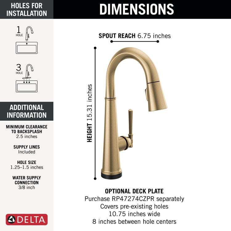 Bar Faucet Emmeline Touch2O Touchless 1 Lever ADA Lumicoat Champagne Bronze MagnaTite/VoiceIQ/TempSense Pull Down 3 Function High Arc 360 DEG Swivel 1.8 Gallons per Minute - Image 2