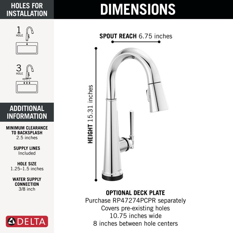 Bar Faucet Emmeline Touch2O Touchless 1 Lever ADA Lumicoat Chrome MagnaTite/VoiceIQ/TempSense Pull Down 3 Function High Arc 360 DEG Swivel 1.8 Gallons per Minute - Image 2