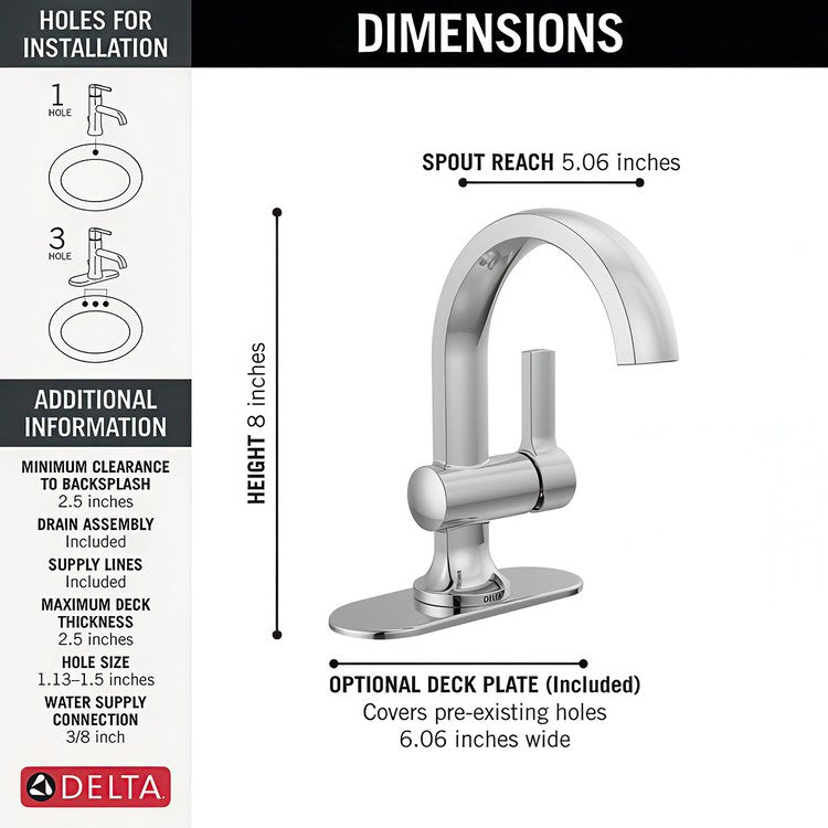 Lavatory Faucet Albion 1 Lever ADA WaterSense Chrome 1.2 Gallons per Minute Deck Arc Pop-Up 1 Hole - Image 3