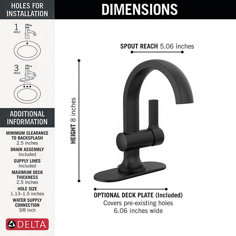 Lavatory Faucet Albion 1 Lever ADA WaterSense Matte Black 1.2 Gallons per Minute Deck Arc Pop-Up 1 Hole - Image 3