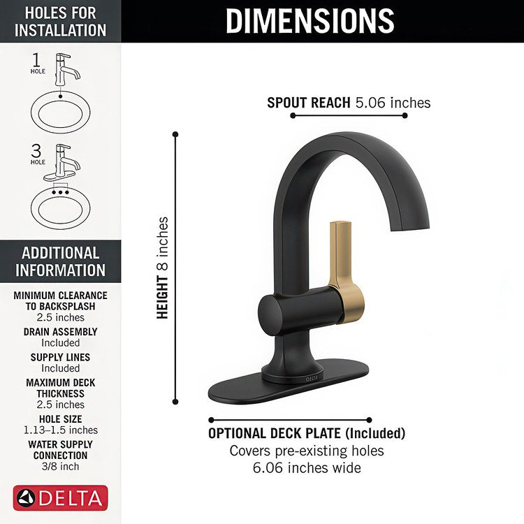 Lavatory Faucet Albion 1 Lever ADA WaterSense Matte Black/Champagne Bronze 1.2 Gallons per Minute Deck Arc Pop-Up 1 Hole - Image 3