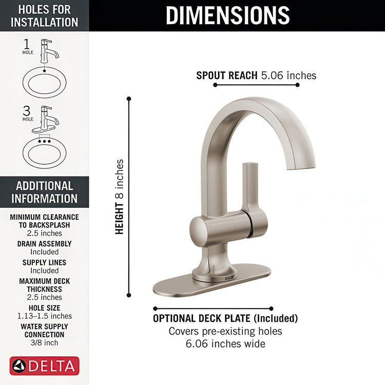 Lavatory Faucet Albion 1 Lever ADA WaterSense Spotshield Brushed Nickel 1.2 Gallons per Minute Deck Arc Pop-Up 1 Hole - Image 3