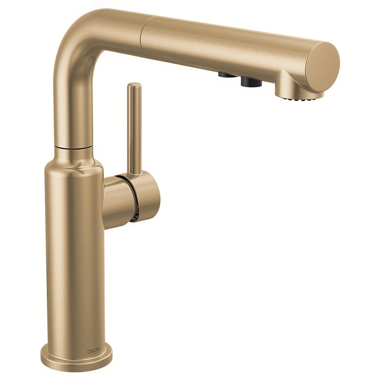 Kitchen Faucet Daneri Widespread 1 Lever ADA Champagne Bronze Pull-Out 2 Function L-Shaped 360 DEG Swivel 1 Hole Deck Diamond Seal/Touch-Clean/MagnaTite 1.8 Gallons per Minute