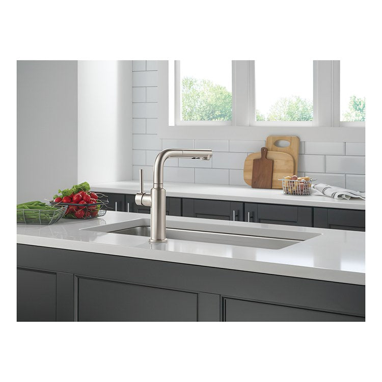 Kitchen Faucet Daneri Widespread 1 Lever ADA Brilliance Stainless Pull-Out 2 Function L-Shaped 360 DEG Swivel 1 Hole Deck Diamond Seal/Touch-Clean/MagnaTite 1.8 Gallons per Minute - Image 3