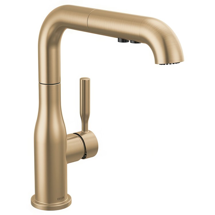 Kitchen Faucet Almari Widespread 1 Lever ADA Champagne Bronze Pull-Out 2 Function L-Shaped 360 DEG Swivel 1 Hole Deck Diamond Seal/Touch-Clean/MagnaTite 1.8 Gallons per Minute