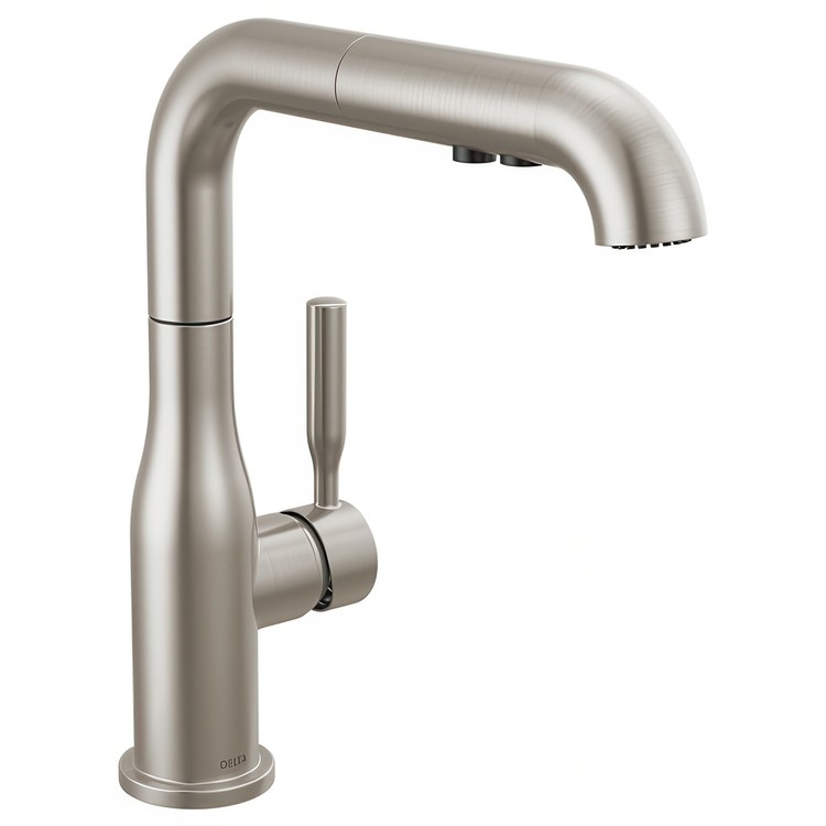 Kitchen Faucet Almari Widespread 1 Lever ADA Brilliance Stainless Pull-Out 2 Function L-Shaped 360 DEG Swivel 1 Hole Deck Diamond Seal/Touch-Clean/MagnaTite 1.8 Gallons per Minute