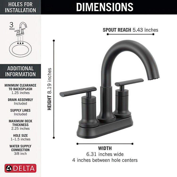 Lavatory Faucet Altado Centerset 4 Inch Spread 2 Lever ADA WaterSense Matte Black 1.2 Gallons per Minute Deck Fixed Pop-Up 3 Hole Diamond Seal Technology - Image 2