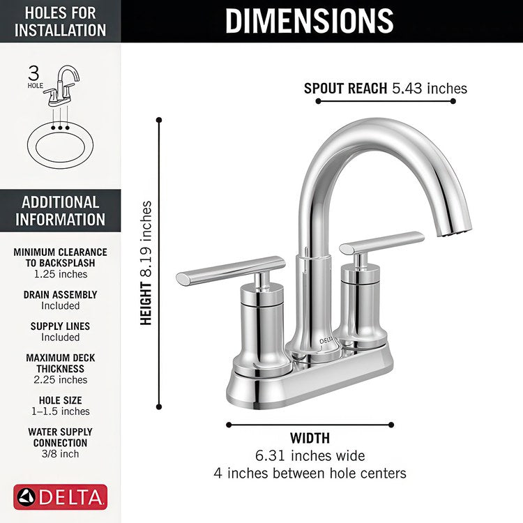 Lavatory Faucet Altado Centerset 4 Inch Spread 2 Lever ADA WaterSense Chrome 1.2 Gallons per Minute Deck Fixed Pop-Up 3 Hole Diamond Seal Technology - Image 2