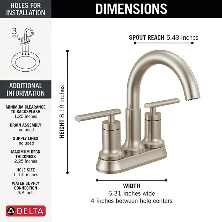 Lavatory Faucet Altado Centerset 4 Inch Spread 2 Lever ADA WaterSense Brilliance Stainless 1.2 Gallons per Minute Deck Fixed Pop-Up 3 Hole Diamond Seal Technology - Image 3