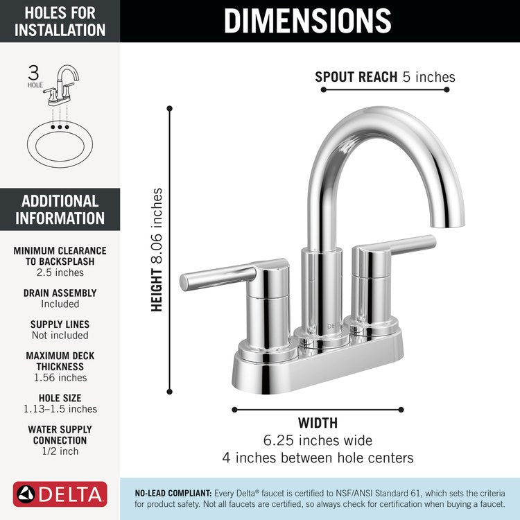 Lavatory Faucet Nicoli Centerset 4 Inch Spread 2 Lever ADA WaterSense Chrome 1.2 Gallons per Minute Deck Low Arc Pop-Up 2 Hole - Image 2
