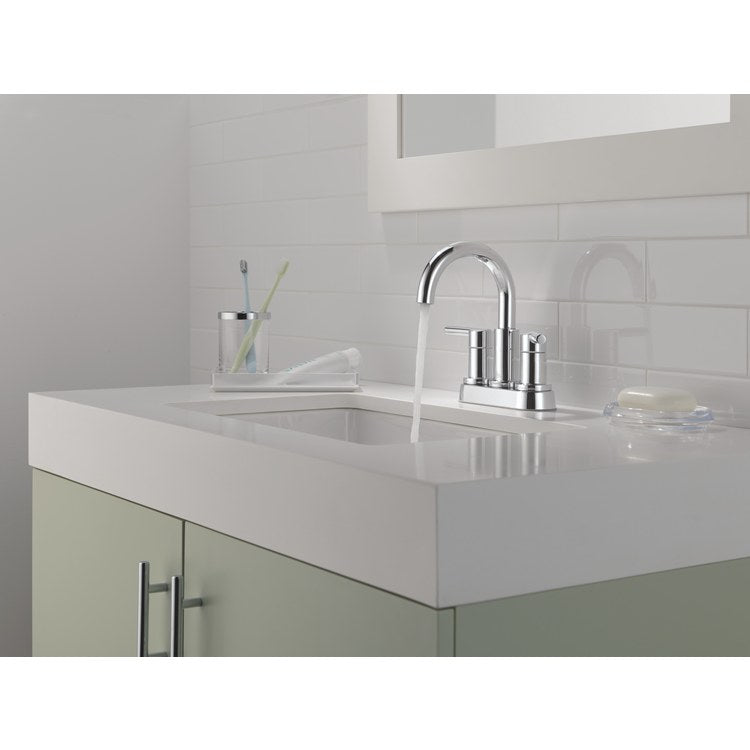 Lavatory Faucet Nicoli Centerset 4 Inch Spread 2 Lever ADA WaterSense Chrome 1.2 Gallons per Minute Deck Low Arc Pop-Up 2 Hole - Image 3