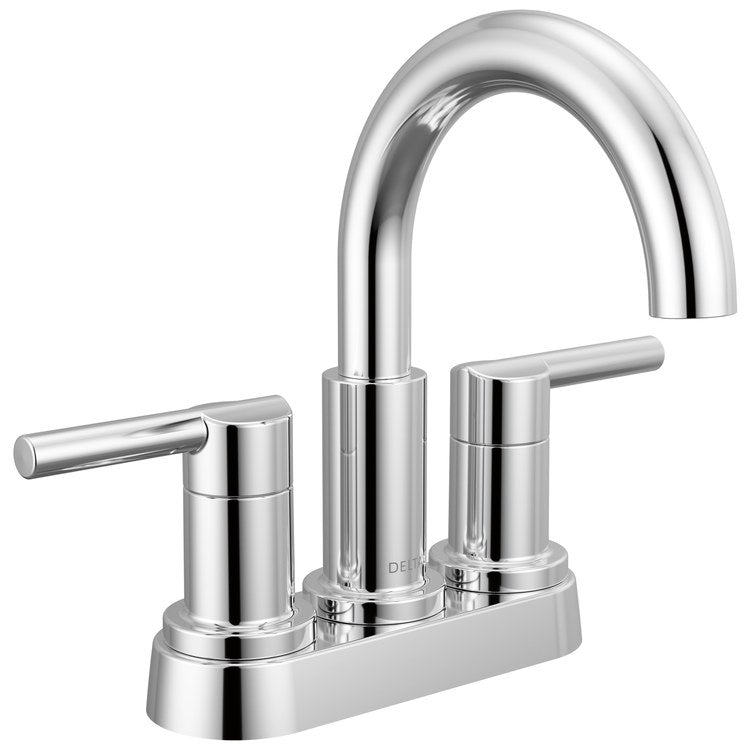 Lavatory Faucet Nicoli Centerset 4 Inch Spread 2 Lever ADA WaterSense Chrome 1.2 Gallons per Minute Deck Low Arc Pop-Up 2 Hole