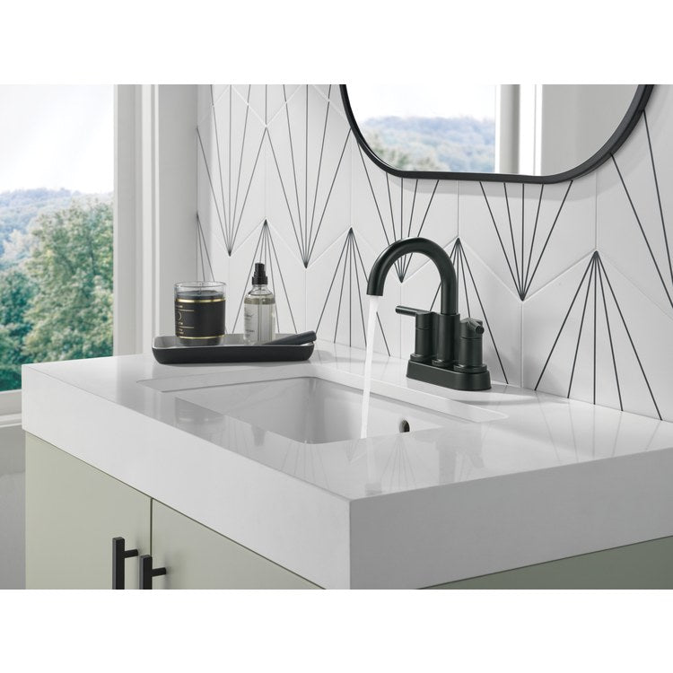 Lavatory Faucet Nicoli Centerset 4 Inch Spread 2 Lever ADA WaterSense Matte Black 1.2 Gallons per Minute Deck Low Arc Pop-Up 2 Hole - Image 3