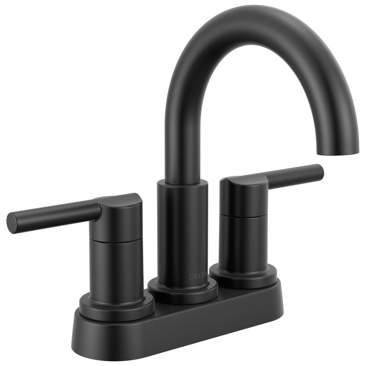 Lavatory Faucet Nicoli Centerset 4 Inch Spread 2 Lever ADA WaterSense Matte Black 1.2 Gallons per Minute Deck Low Arc Pop-Up 2 Hole - Image 1