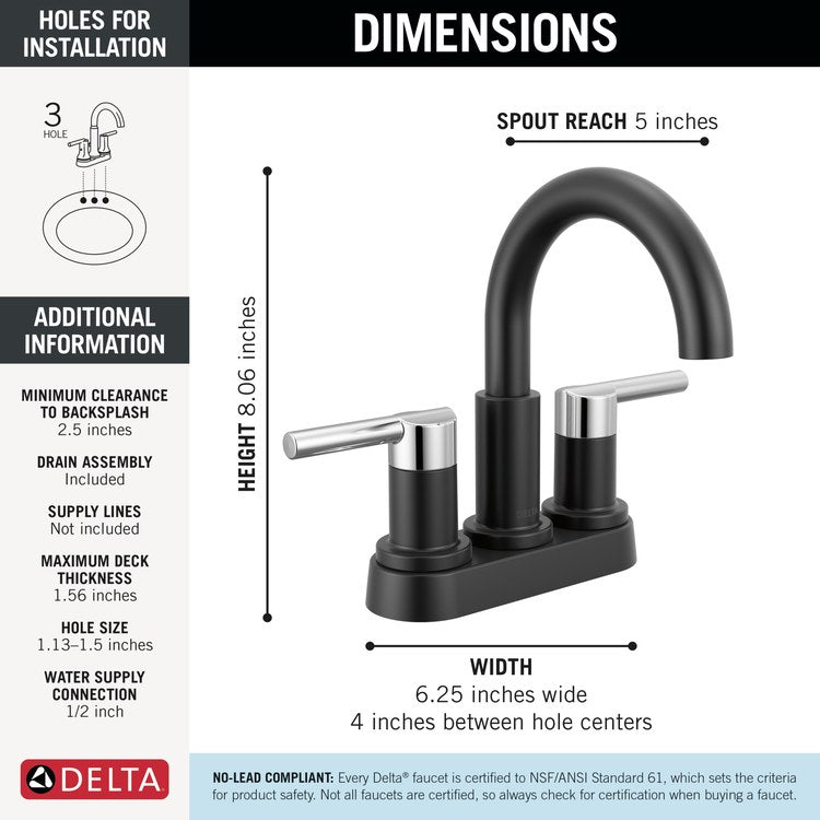 Lavatory Faucet Nicoli Centerset 4 Inch Spread 2 Lever ADA WaterSense Matte Black/Chrome 1.2 Gallons per Minute Deck Low Arc Pop-Up 2 Hole - Image 2