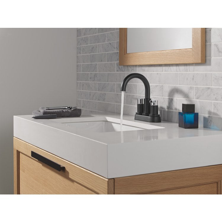 Lavatory Faucet Nicoli Centerset 4 Inch Spread 2 Lever ADA WaterSense Matte Black/Chrome 1.2 Gallons per Minute Deck Low Arc Pop-Up 2 Hole - Image 3