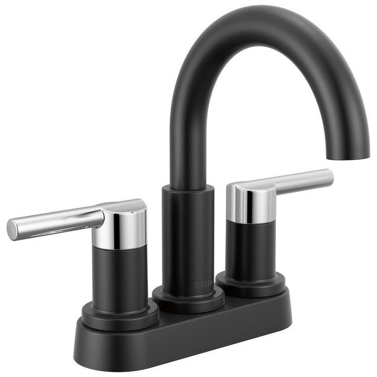 Lavatory Faucet Nicoli Centerset 4 Inch Spread 2 Lever ADA WaterSense Matte Black/Chrome 1.2 Gallons per Minute Deck Low Arc Pop-Up 2 Hole