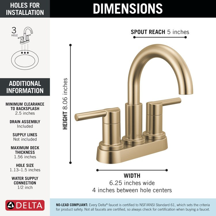Lavatory Faucet Nicoli Centerset 4 Inch Spread 2 Lever ADA WaterSense Champagne Bronze 1.2 Gallons per Minute Deck Low Arc Pop-Up 2 Hole - Image 2