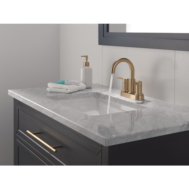 Lavatory Faucet Nicoli Centerset 4 Inch Spread 2 Lever ADA WaterSense Champagne Bronze 1.2 Gallons per Minute Deck Low Arc Pop-Up 2 Hole - Image 3