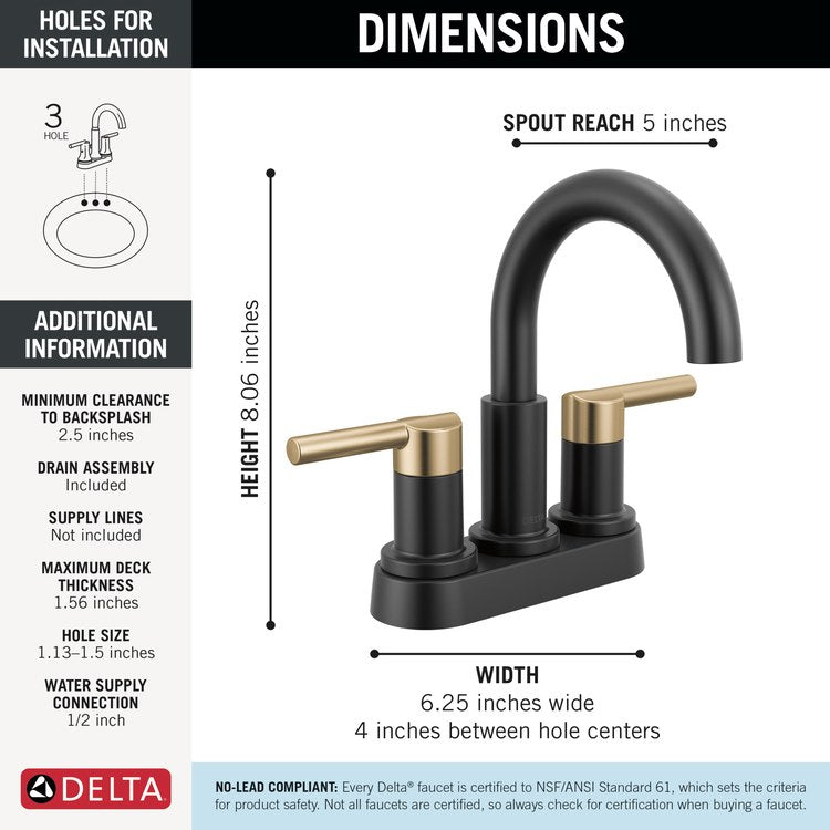 Lavatory Faucet Nicoli Centerset 4 Inch Spread 2 Lever ADA WaterSense Matte Black/Champagne Bronze 1.2 Gallons per Minute Deck Low Arc Pop-Up 2 Hole - Image 2
