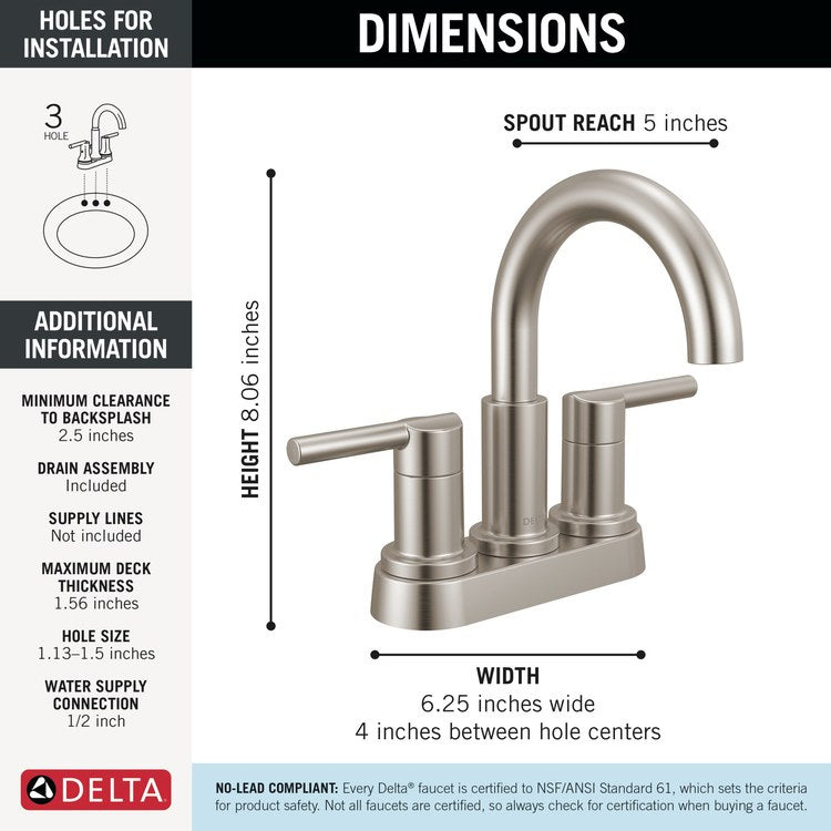 Lavatory Faucet Nicoli Centerset 4 Inch Spread 2 Lever ADA WaterSense Brilliance Stainless 1.2 Gallons per Minute Deck Low Arc Pop-Up 2 Hole - Image 2