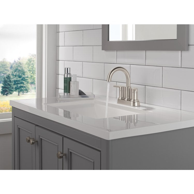 Lavatory Faucet Nicoli Centerset 4 Inch Spread 2 Lever ADA WaterSense Brilliance Stainless 1.2 Gallons per Minute Deck Low Arc Pop-Up 2 Hole - Image 3