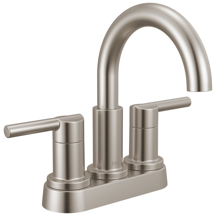 Lavatory Faucet Nicoli Centerset 4 Inch Spread 2 Lever ADA WaterSense Brilliance Stainless 1.2 Gallons per Minute Deck Low Arc Pop-Up 2 Hole - Image 1