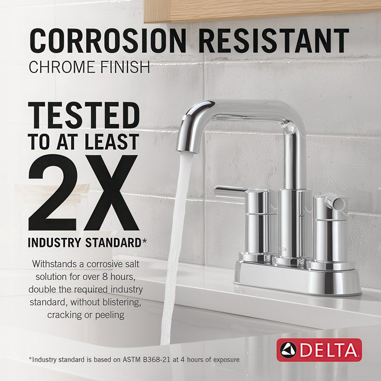 Lavatory Faucet Nicoli Centerset 4 Inch Spread 2 Lever ADA WaterSense Chrome 1.2 Gallons per Minute Deck Fixed Pop-Up 3 Hole - Image 3