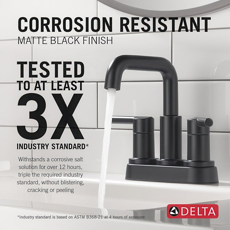 Lavatory Faucet Nicoli Centerset 4 Inch Spread 2 Lever ADA WaterSense Matte Black 1.2 Gallons per Minute Deck Fixed Pop-Up 3 Hole - Image 3