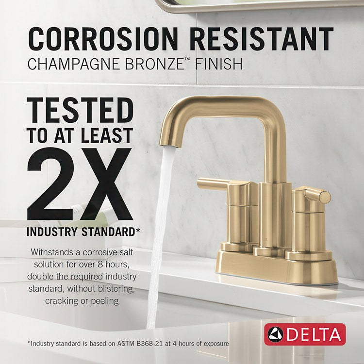 Lavatory Faucet Nicoli Centerset 4 Inch Spread 2 Lever ADA WaterSense Champagne Bronze 1.2 Gallons per Minute Deck Fixed Pop-Up 3 Hole - Image 3