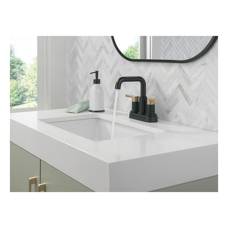 Lavatory Faucet Nicoli Centerset 4 Inch Spread 2 Lever ADA WaterSense Matte Black/Champagne Bronze 1.2 Gallons per Minute Deck Fixed Pop-Up 3 Hole - Image 2
