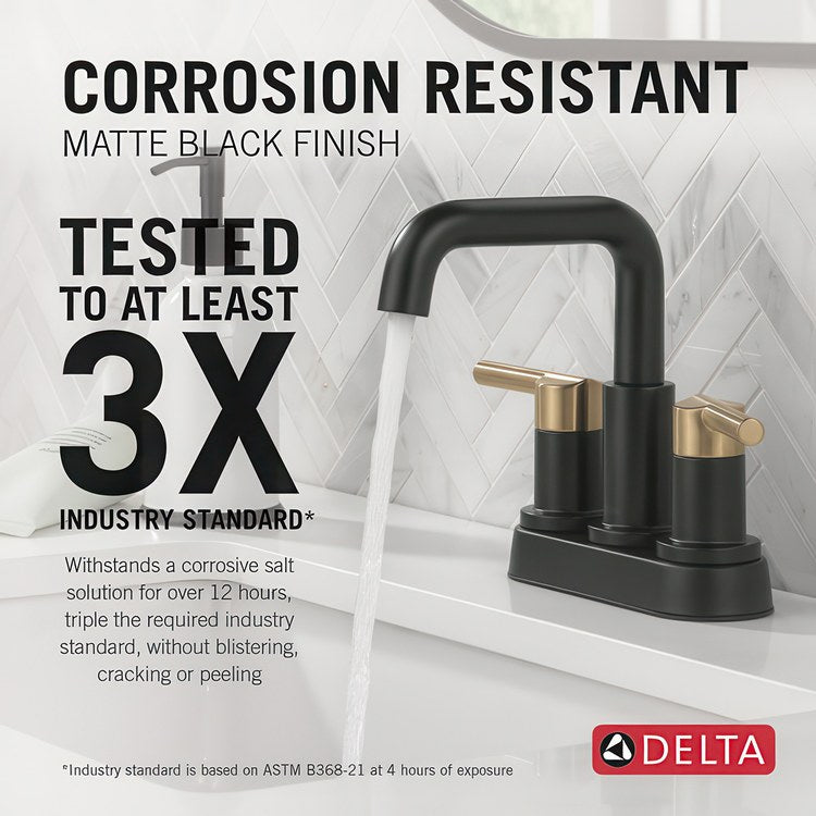 Lavatory Faucet Nicoli Centerset 4 Inch Spread 2 Lever ADA WaterSense Matte Black/Champagne Bronze 1.2 Gallons per Minute Deck Fixed Pop-Up 3 Hole - Image 3