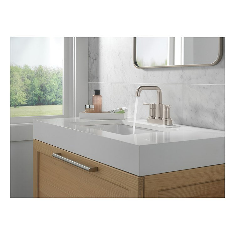 Lavatory Faucet Nicoli Centerset 4 Inch Spread 2 Lever ADA WaterSense Brilliance Stainless 1.2 Gallons per Minute Deck Fixed Pop-Up 3 Hole - Image 2