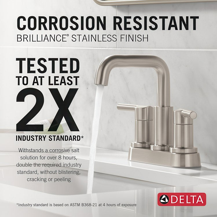 Lavatory Faucet Nicoli Centerset 4 Inch Spread 2 Lever ADA WaterSense Brilliance Stainless 1.2 Gallons per Minute Deck Fixed Pop-Up 3 Hole - Image 3