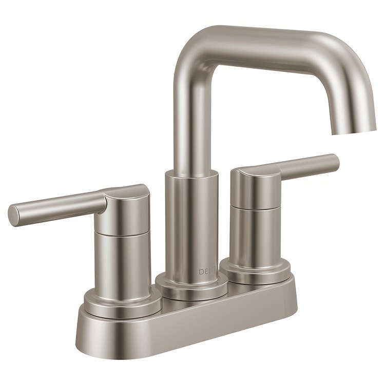 Lavatory Faucet Nicoli Centerset 4 Inch Spread 2 Lever ADA WaterSense Brilliance Stainless 1.2 Gallons per Minute Deck Fixed Pop-Up 3 Hole