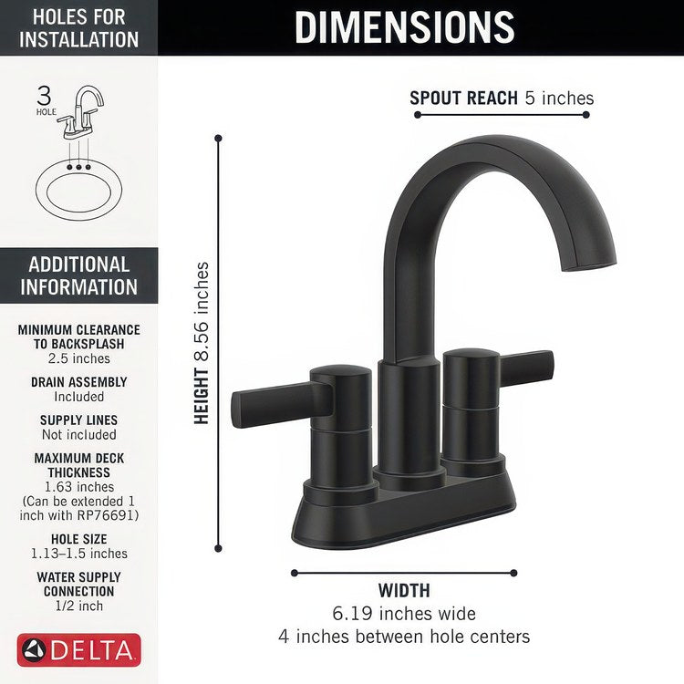 Lavatory Faucet Albion Centerset 4 Inch Spread 2 Lever ADA WaterSense Matte Black 1.2 Gallons per Minute Deck Fixed Pop-Up 2 Hole - Image 3